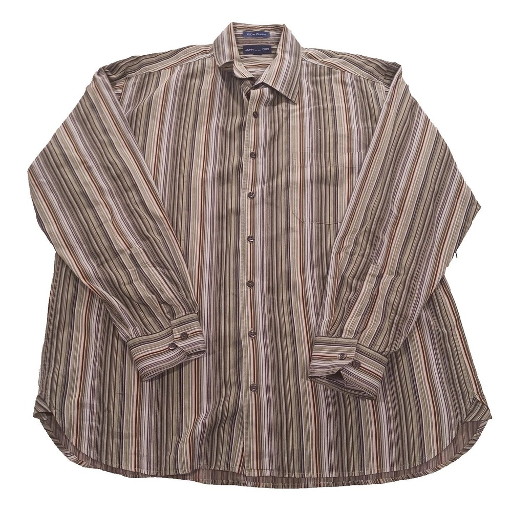 John Ashford Mens XL Striped Button Down Shirt Olive Brown Cotton Casual Tee